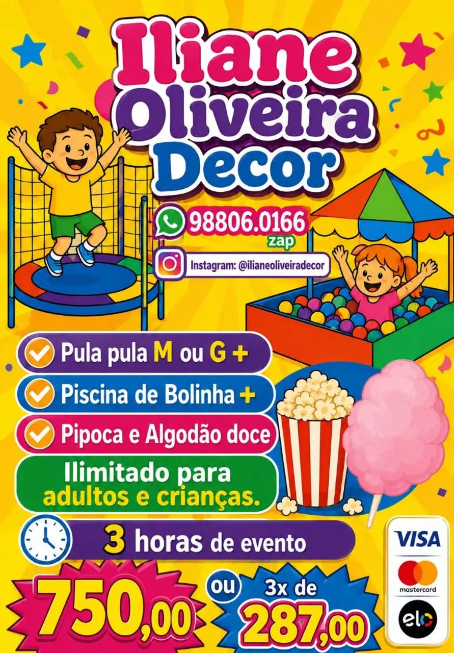 Pula pula piscina de bolinha algodão doce e pipoca 