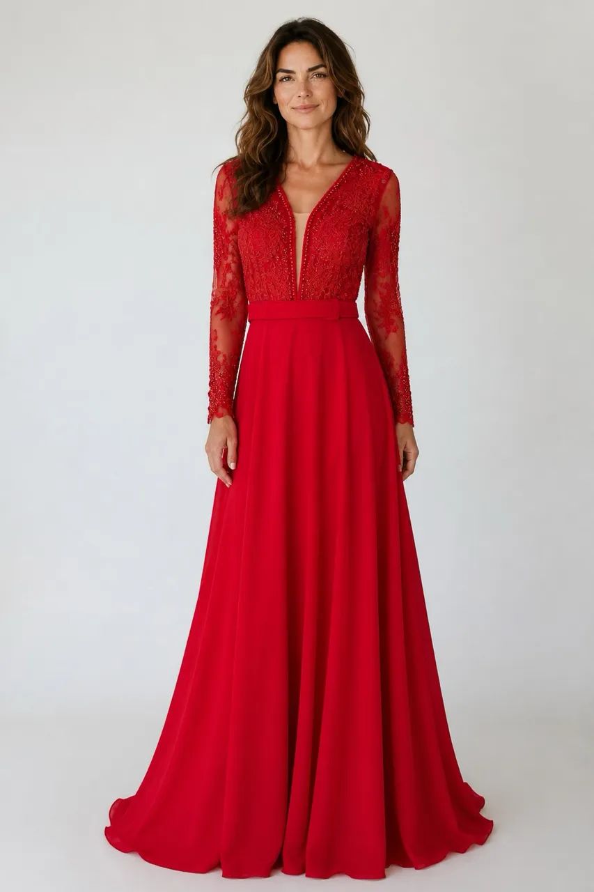 Vestido Longo Vermelho Renda Manga Longa 