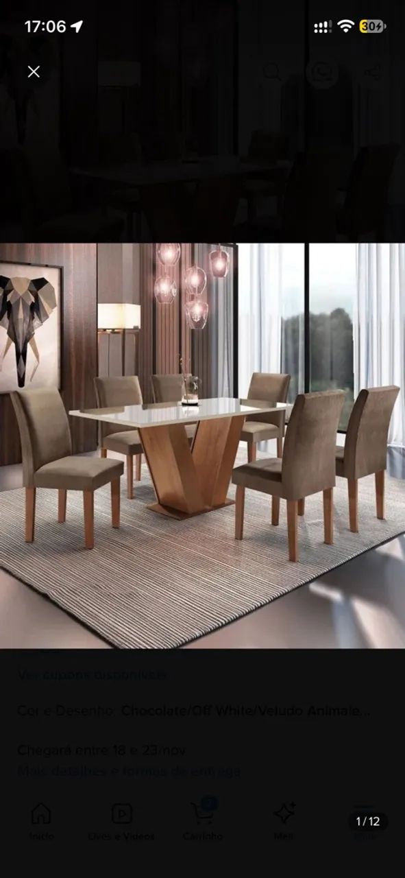 Mesa 6 cadeiras com tampo em mdf+vidro