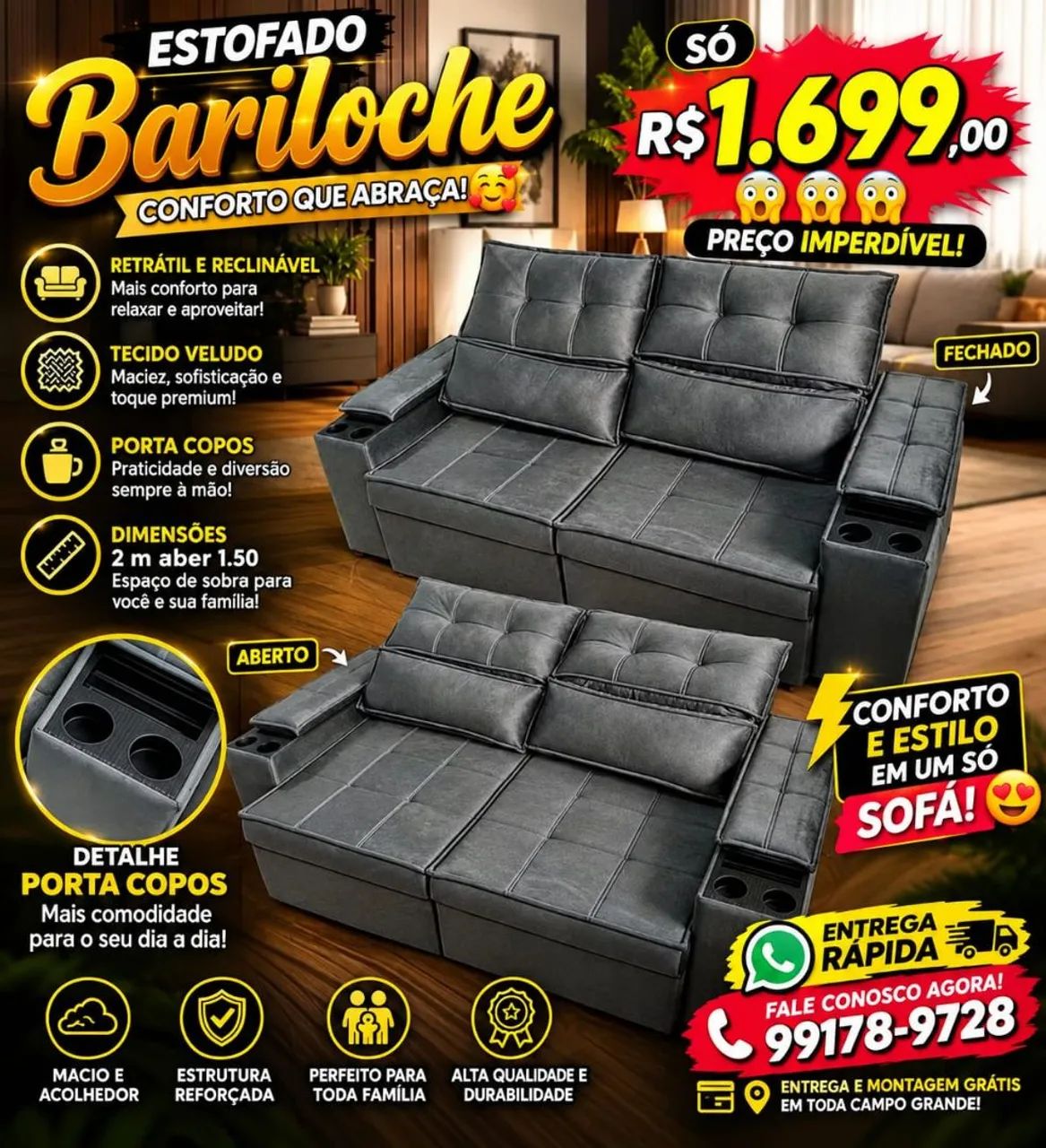 Sofá retrátil e reclinável novo 