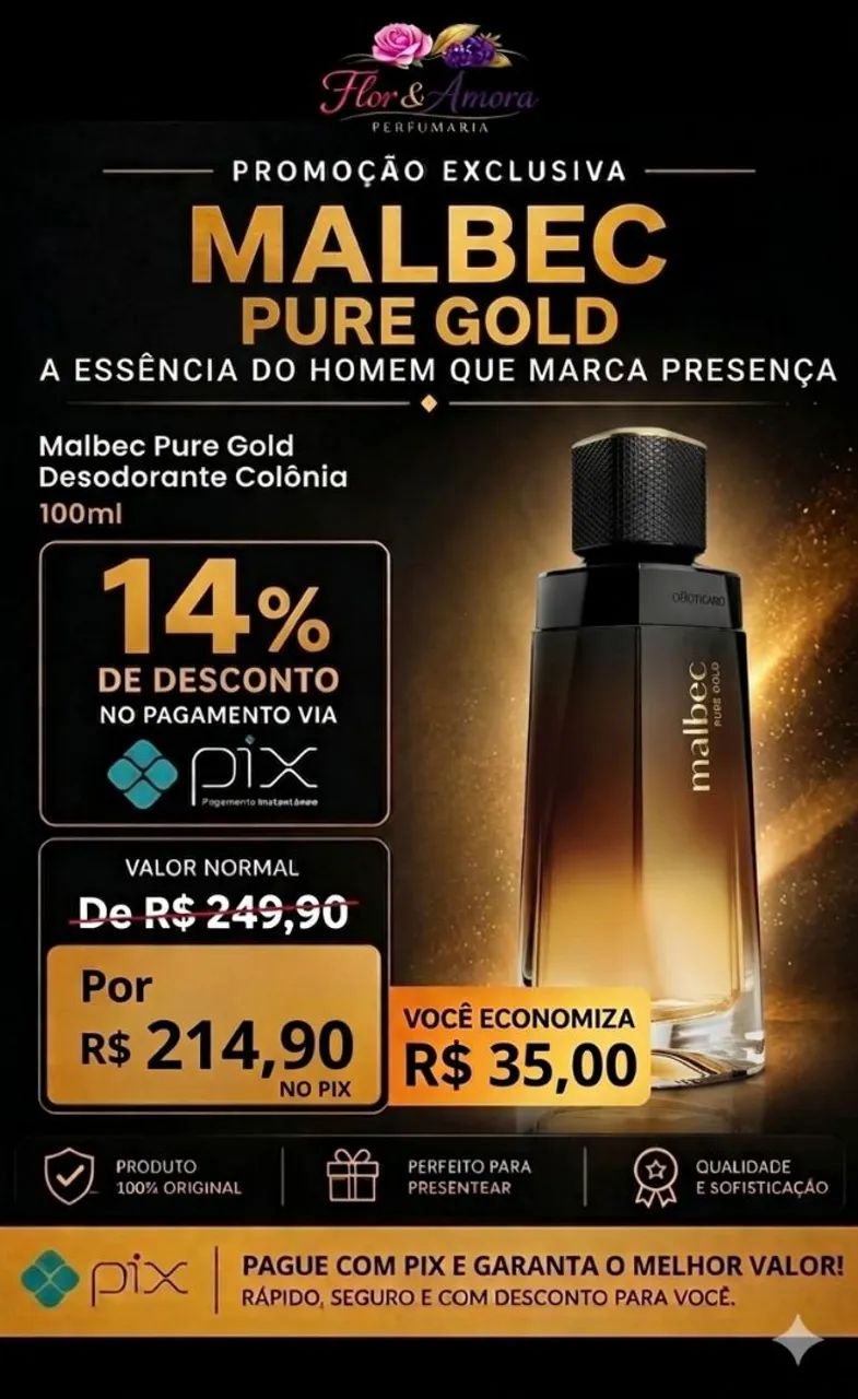 Malbec Pure Gold Colônia 100ml - O Boticário - Lacrado 