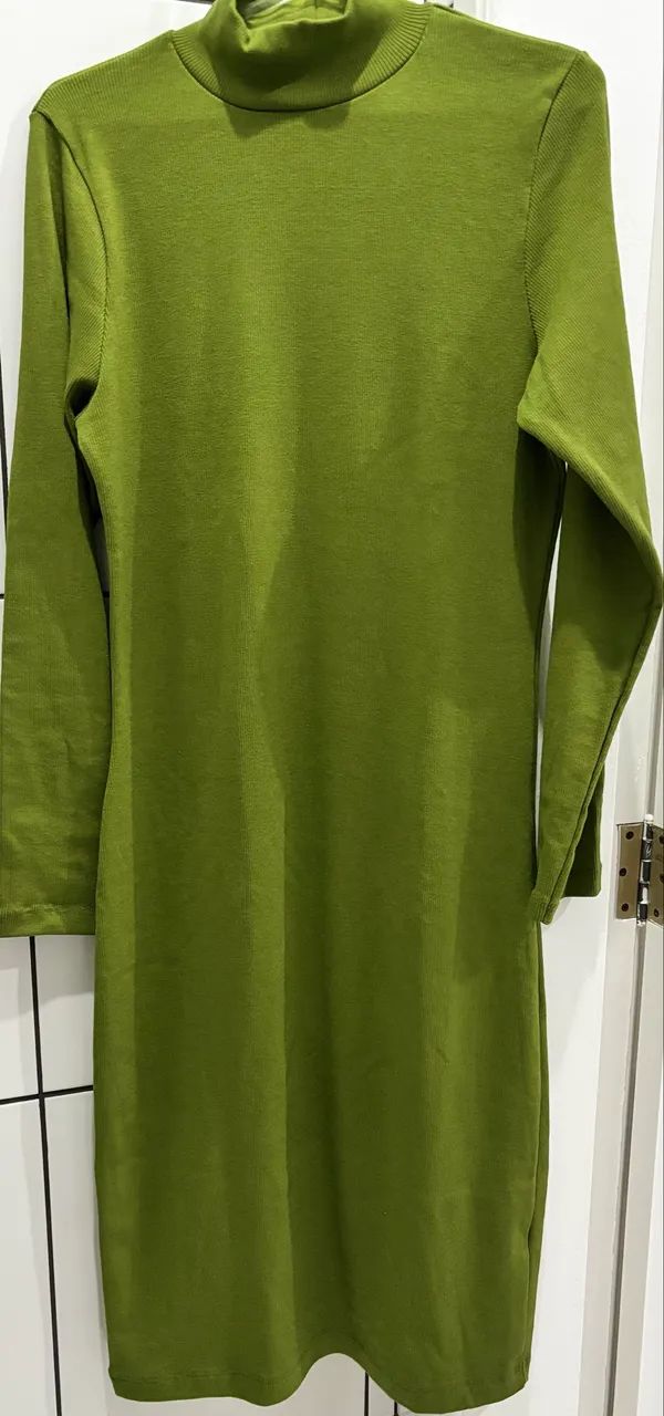 Vestido Curto Manga Longa Canelado Verde - Foto 2
