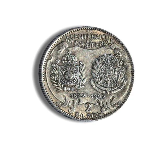 Moeda de 2000 Réis Bras - MBC. 50% Prata. Ano 1922 - D PEDRO I 