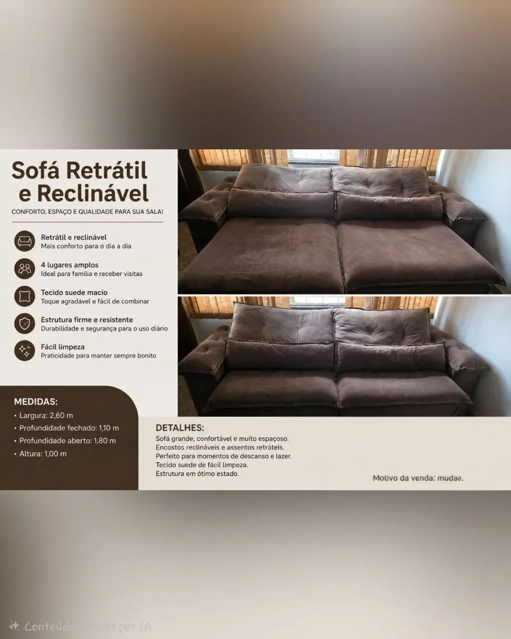 Sofá Retrátil e Reclinável 2.60 m - Muito Conservado - R$ 1500 - Foto 3