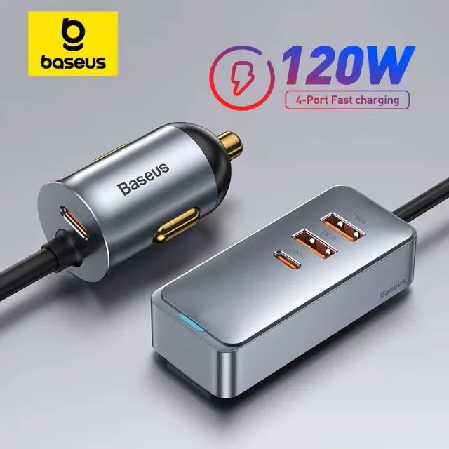 Baseus 120w - Carregador extensão veicular - 12/24v -  Rápido - Tipo C + Usb