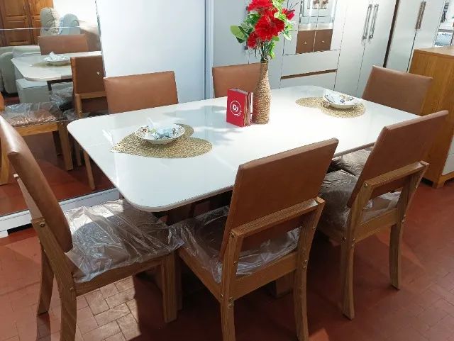 Conjunto de Jantar Celeste 1,60m c/ 06 Cadeiras Estofadas Milla 100%MDF.
