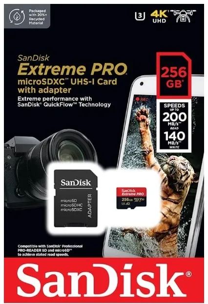 SanDisk 256GB Extreme PRO® microSD? UHS-I Card with Adapter C10, U3, V30, A2, 200MB/s Read