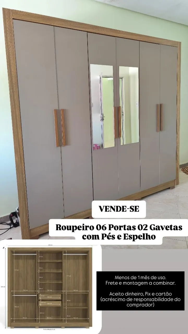 Roupeiro 06 Portas 02 Gavetas com Pés e Espelho