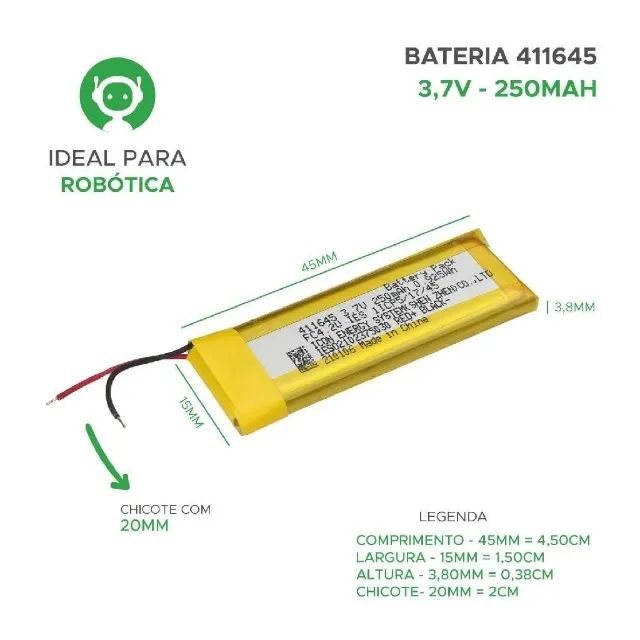 Unidade Bateria Li-ion Polymer 411645 3,7v 250mah 0.925wh - Robotica - Foto 3