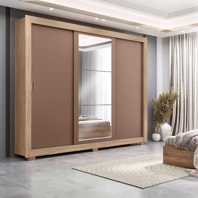 Guarda Roupa Casal com Espelho Três Portas de Correr e Amplo Espaço Interno City