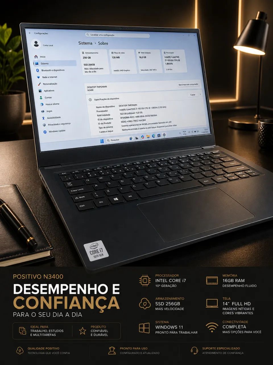 Notebook Positivo Executive Intel Core i7 10ªG / 16GB DDR4 / SSD 256GB / Tela 14 Full HD