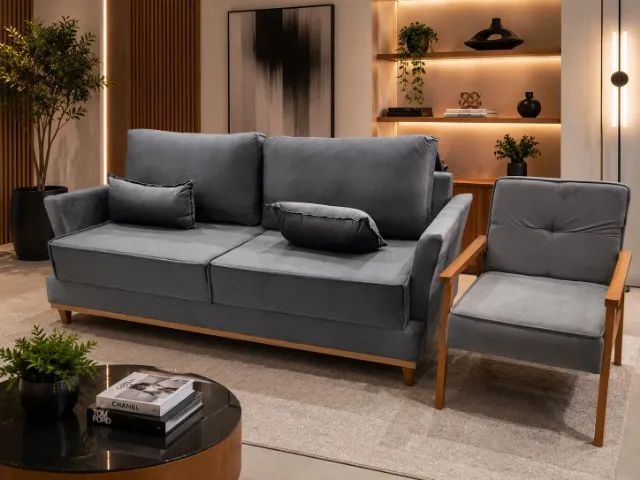 Sofá Living e Poltrona em madeira (ENTREGA)