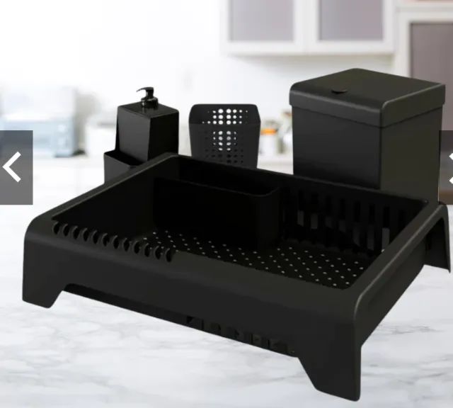 Kit pia cozinha, varal de chão desmontável, jogo pratos e talheres e lixeira inox.