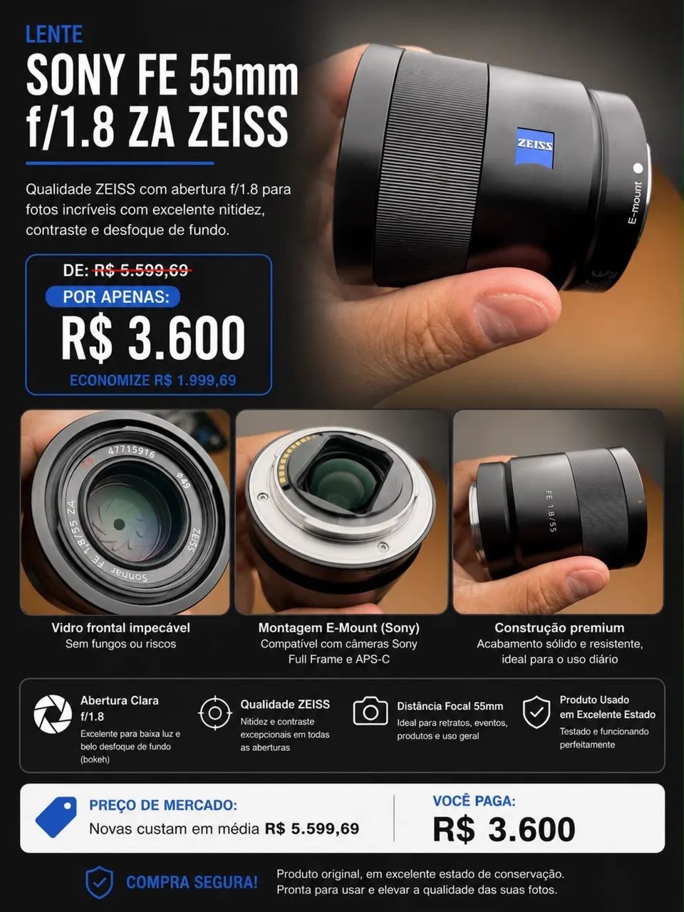 SONY FE 55mm f/1.8 ZA ZEISS - Acessórios para Câmeras e Filmadoras