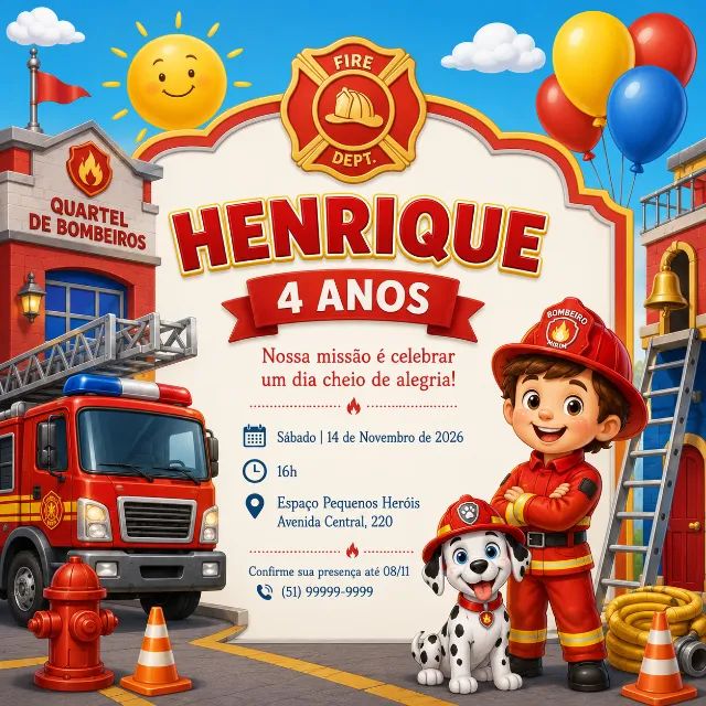 Convite digital infantil no tema bombeiros