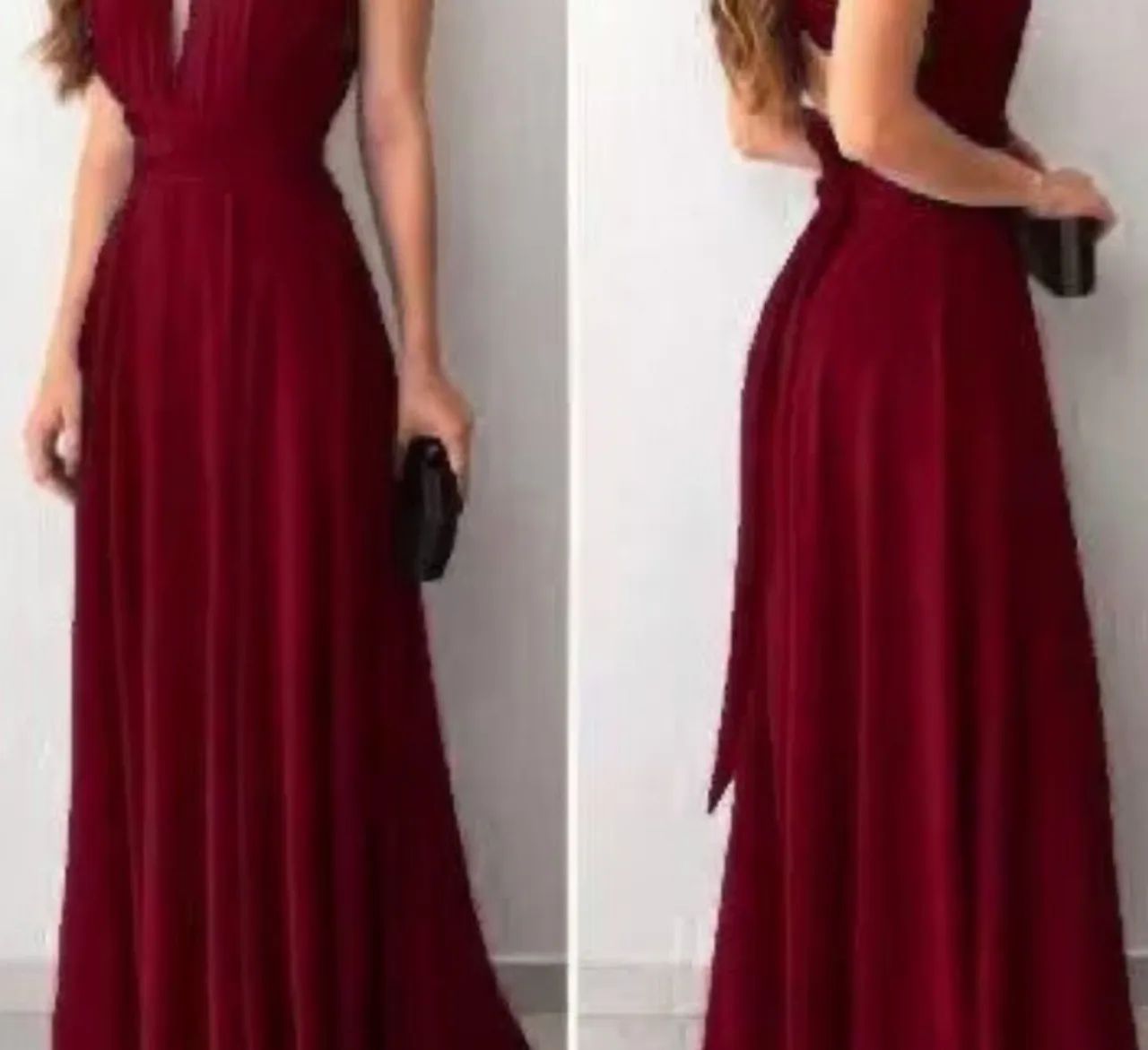 Vestido longo várias formas de amarrações cor marsala