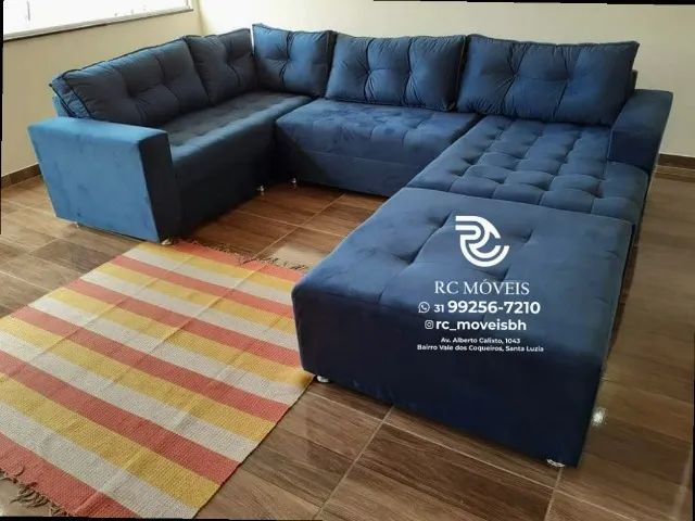Sofá de canto Grande 3,10m com Chaise e Puff veludo macio D33 Premium - Foto 2