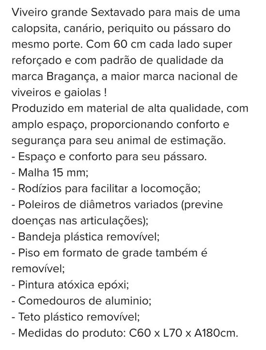 Gaiola para Pássaros com Pé - 60x70x180 cm - Foto 2