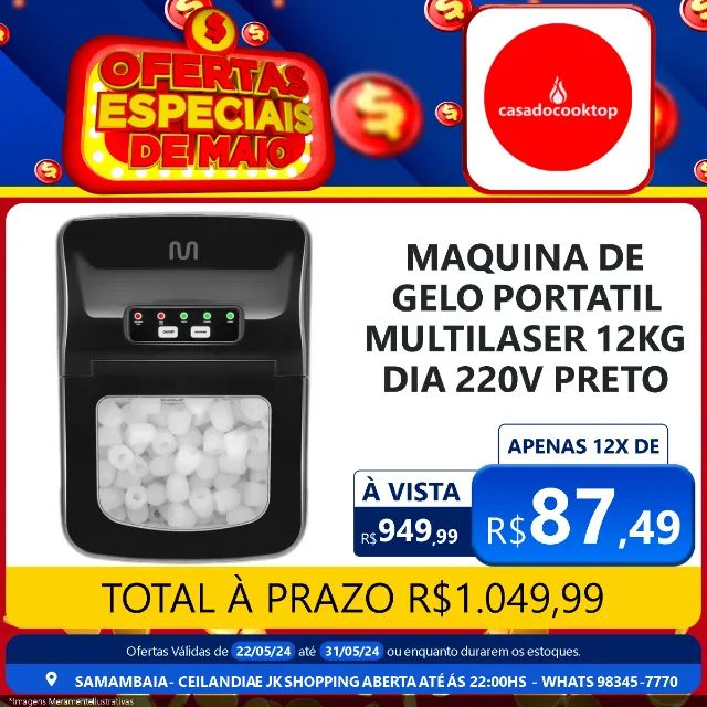 Maquina de gelo portatil multilaser 12kg dia 220v preto