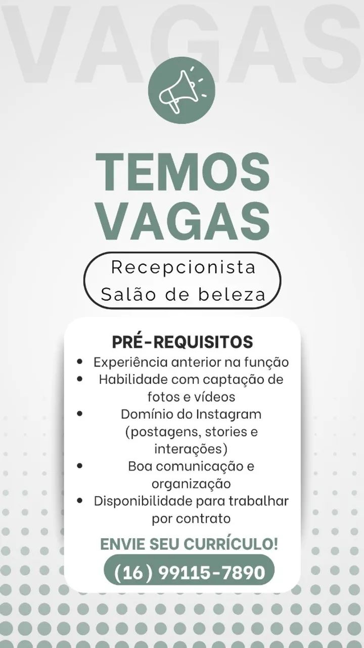 VAGA PARA RECEPCIONISTA - SALÃO DE BELEZA