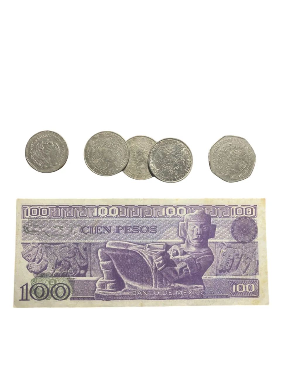 Conjunto de Moedas e uma Nota de 100 Pesos Mexicanos 