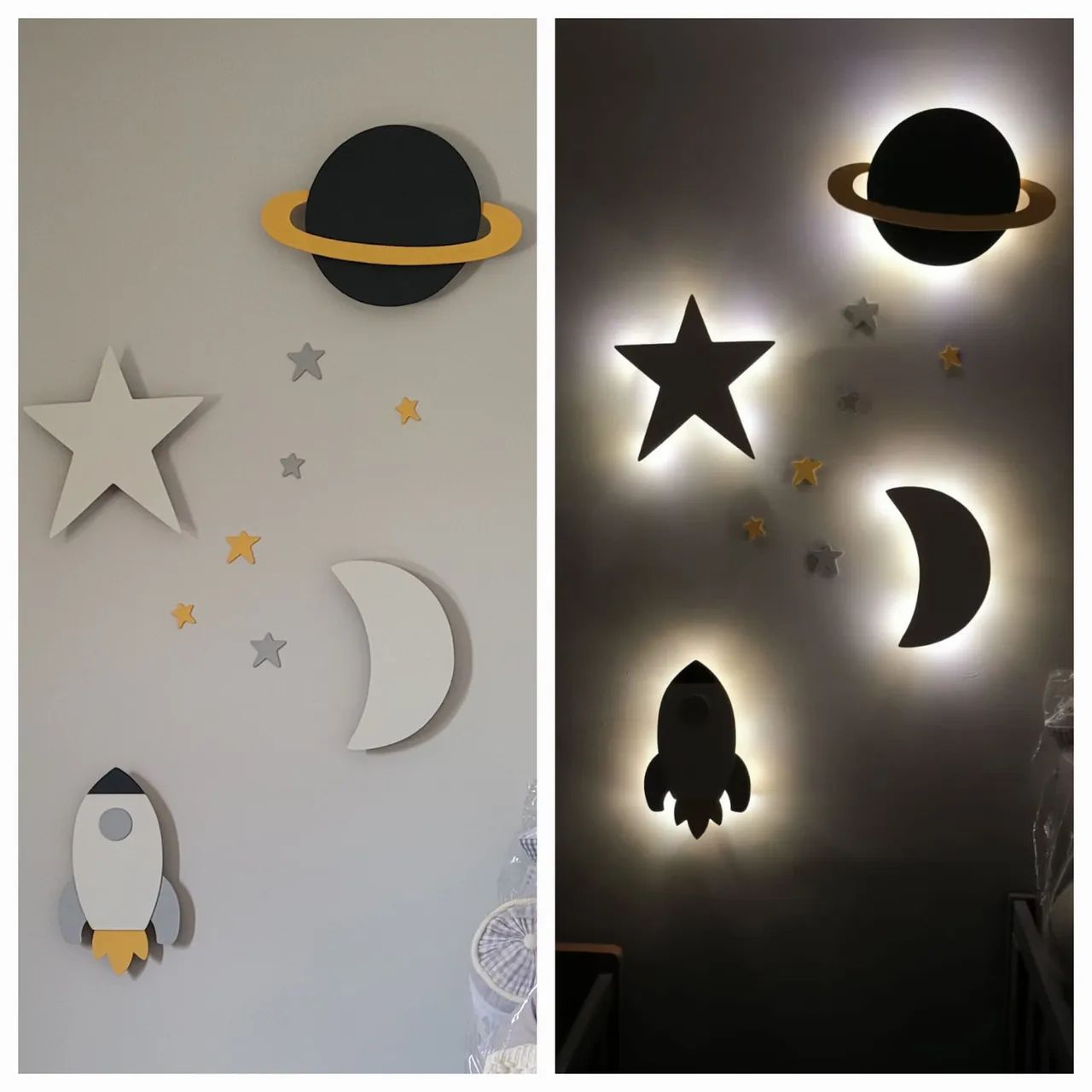 Decoração quarto Lua, estrela, planetas e foguete Kit MDF com luz de LED.  - Foto 3