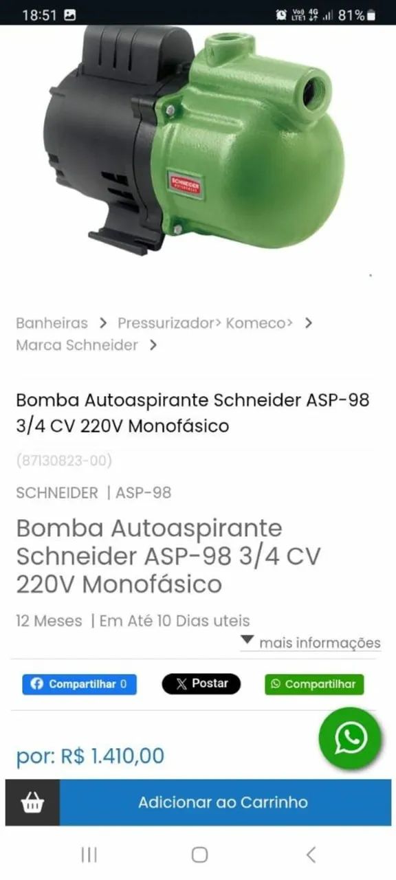 Bomba Autoaspirante Schneider Asp-98 3/4 Cv Monofásica 220v - Foto 4