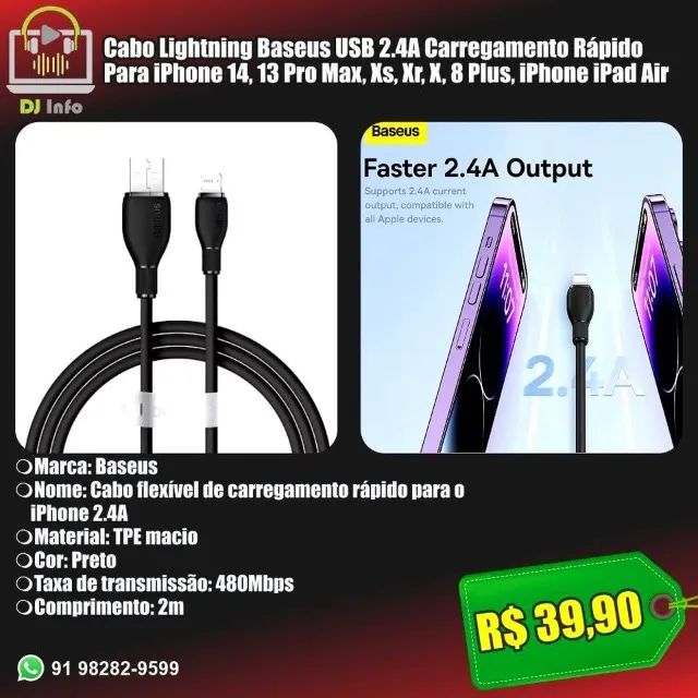 Cabo Lightning Baseus USB 2.4A Carregamento Rápido Para iPhone 14, 13 Pro Max, Xs, Xr, X, 