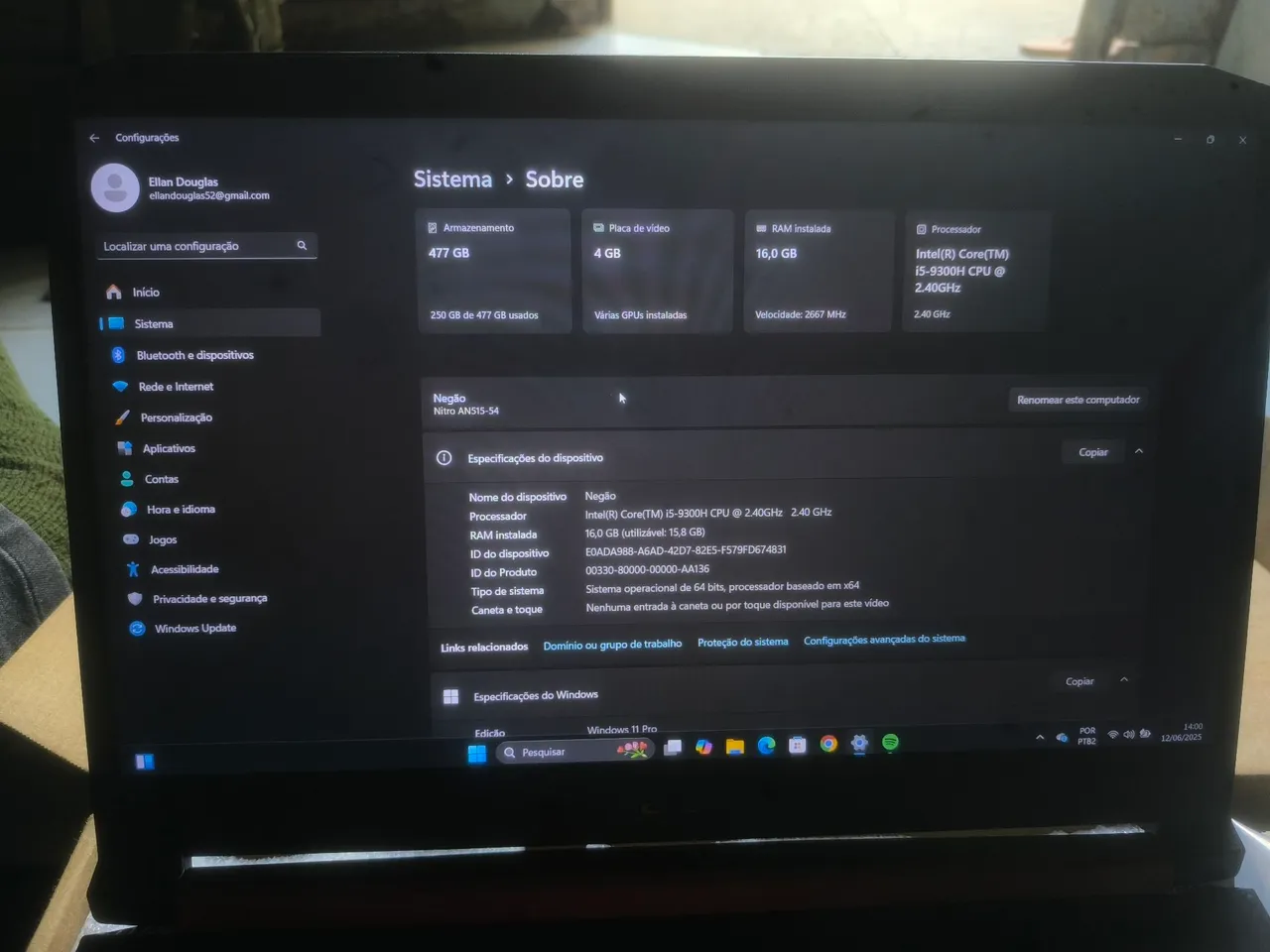 Notebook Acer Nitro 5 - i5, 16GB RAM, 477GB SSD