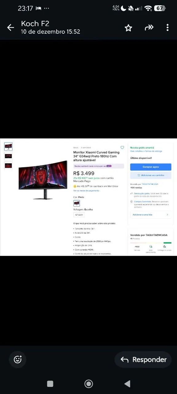Monitor xiaom curved gaminh 34 180 hz