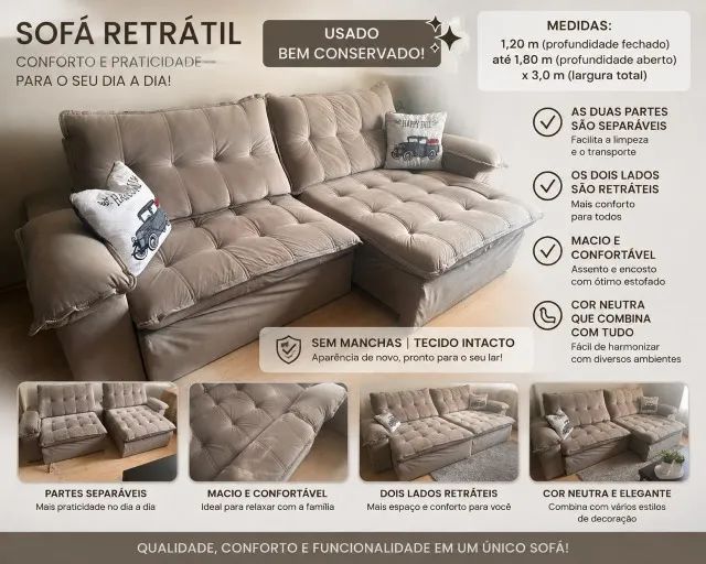 SOFA RETRATIL BEM CONSERVADO 3M