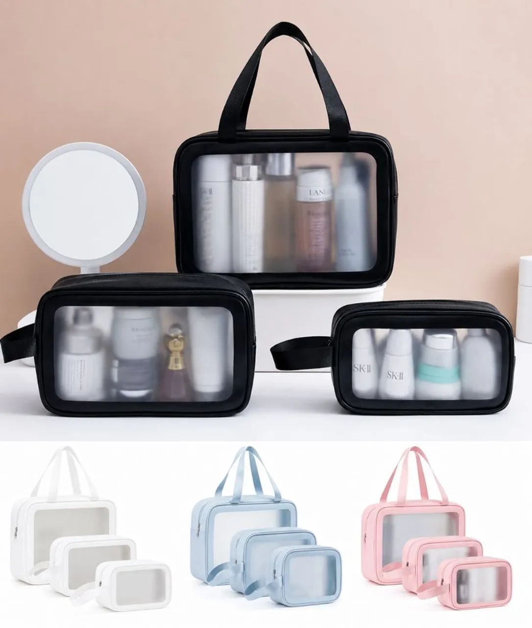 Trio de necessaire transparentes e impermeáveis