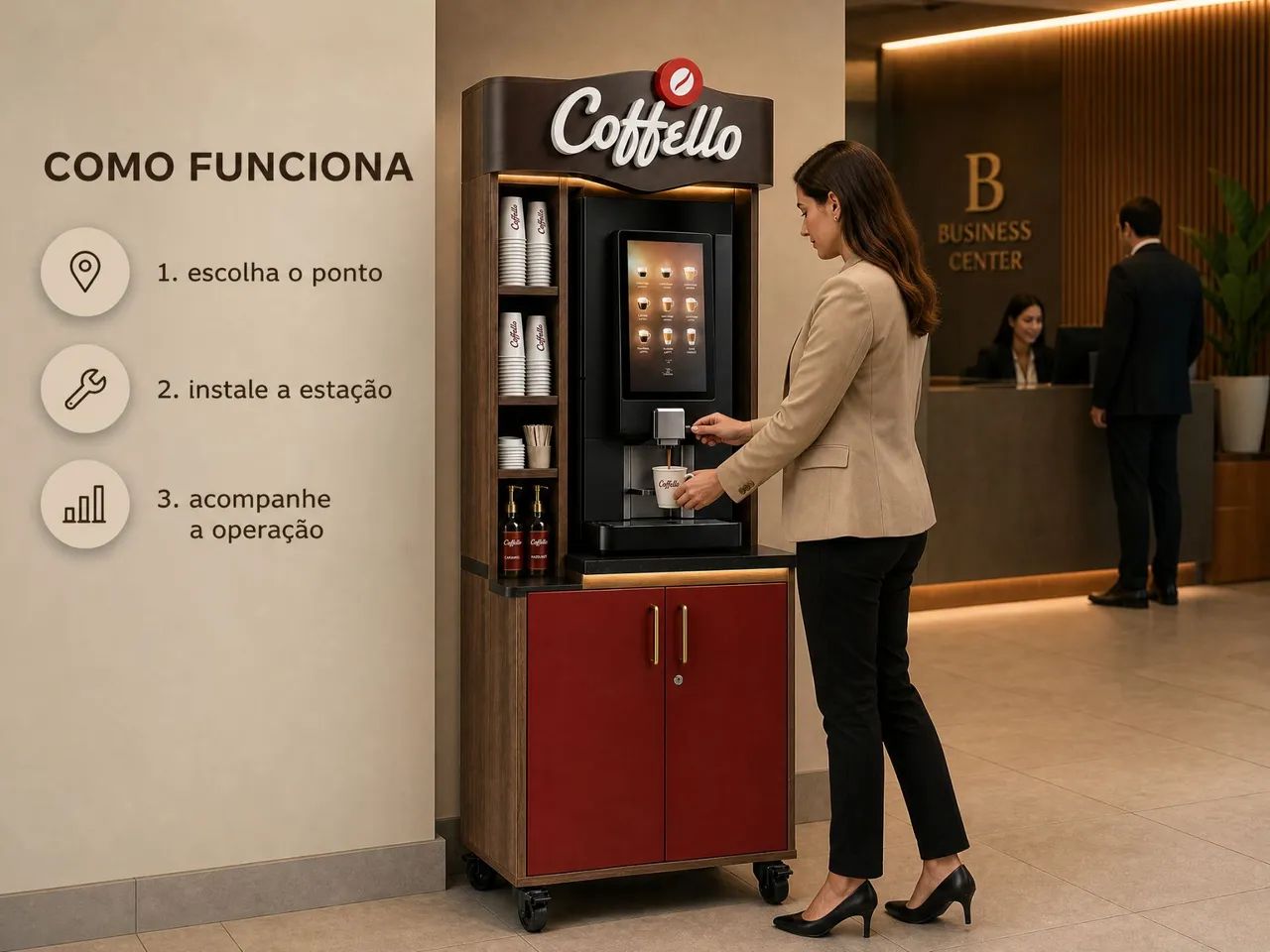 Tenha um negócio de operação autônoma de bebidas quentes Coffello - retorno rápido 