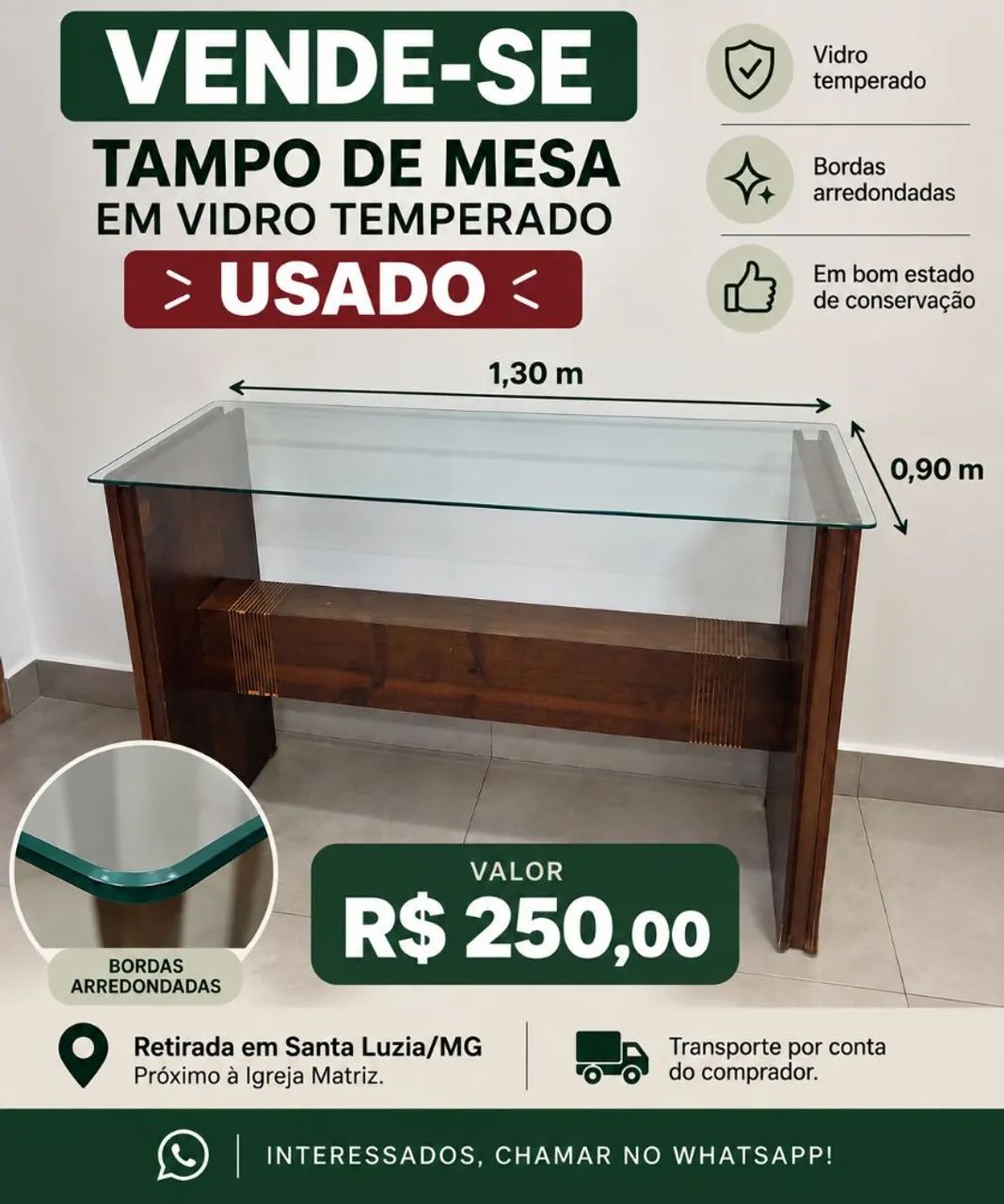 Tampo de mesa - vidro OFERTA 150,00
