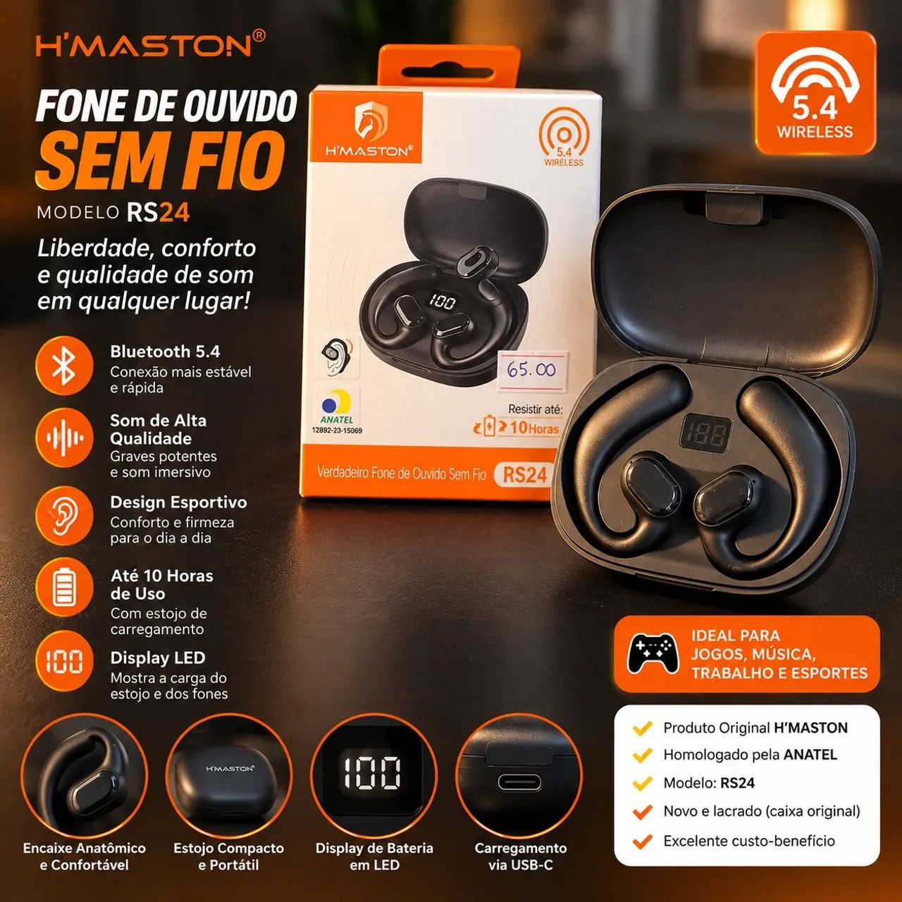 Fone Bluetooth H?Maston RS24 5.4 com Case e Display LED - Novo