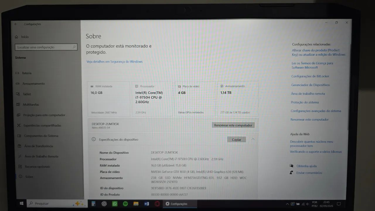 Notebook Acer nitro 5 - I7 9º Geração - 16GB RAM - GTX 1650 4GB - Foto 5