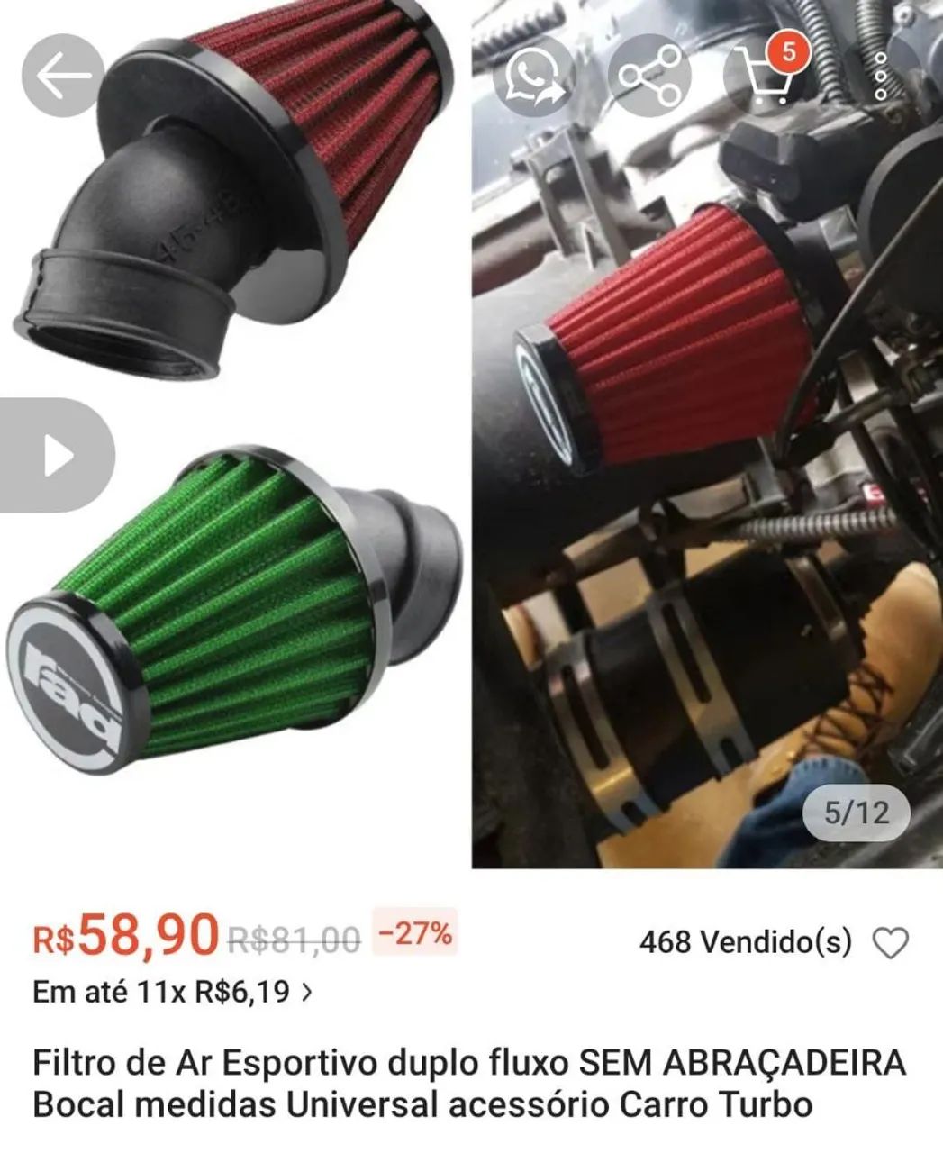 Filtro de ar esportivo para moto. - Foto 3