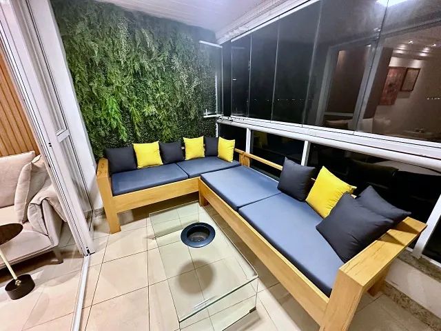 Sofá de Madeira em L para Varanda 2,82 x 2,02 m com Almofadas