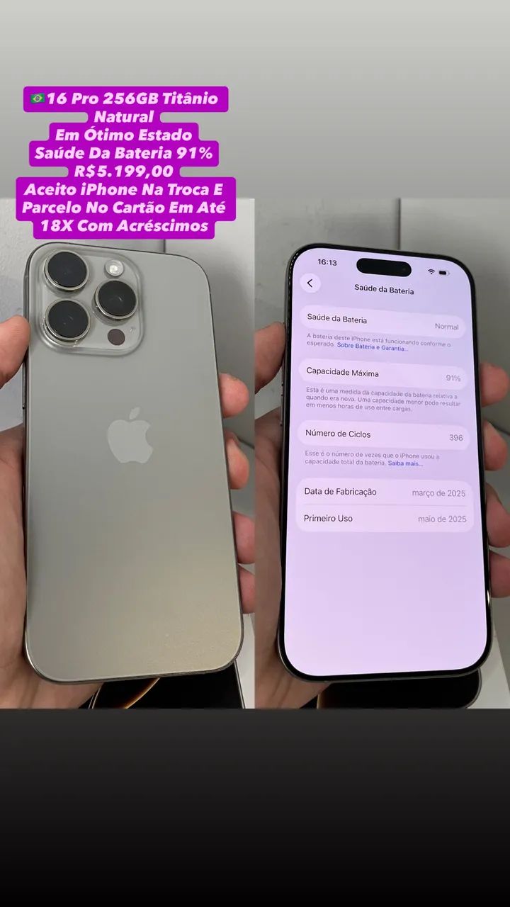 iPhone 16 Pro 256GB Natural - Saúde Da Bateria 91% (Usado)