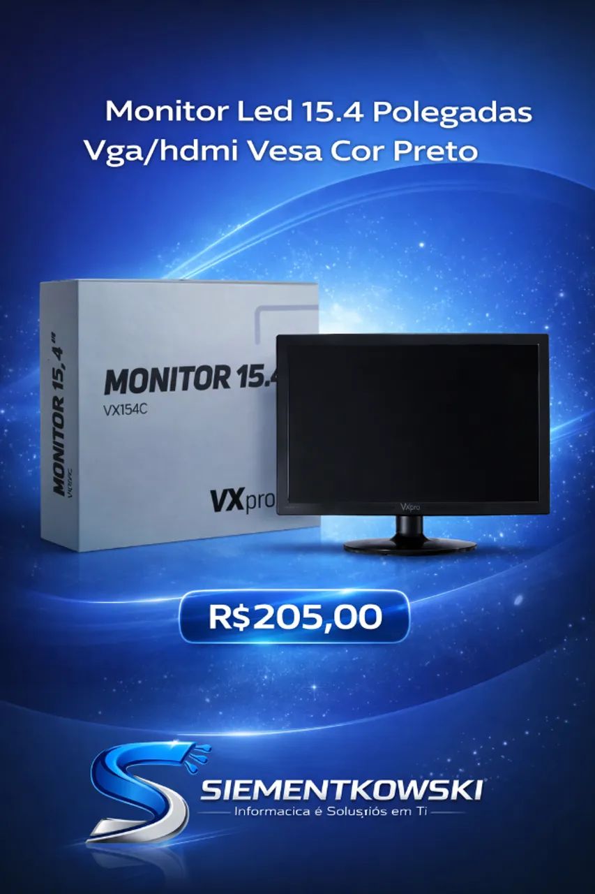 Monitor Led 15.4 Polegadas Vga/hdmi Vesa Cor Preto NOVO