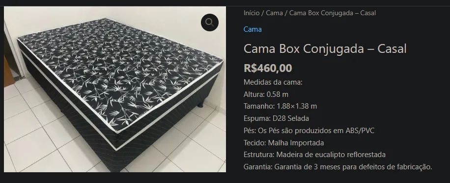 Cama Box Conjugada - Casal R$460,00  Medidas da cama: Altura: 0.58 m Tamanho: 1.88×1.38 m 