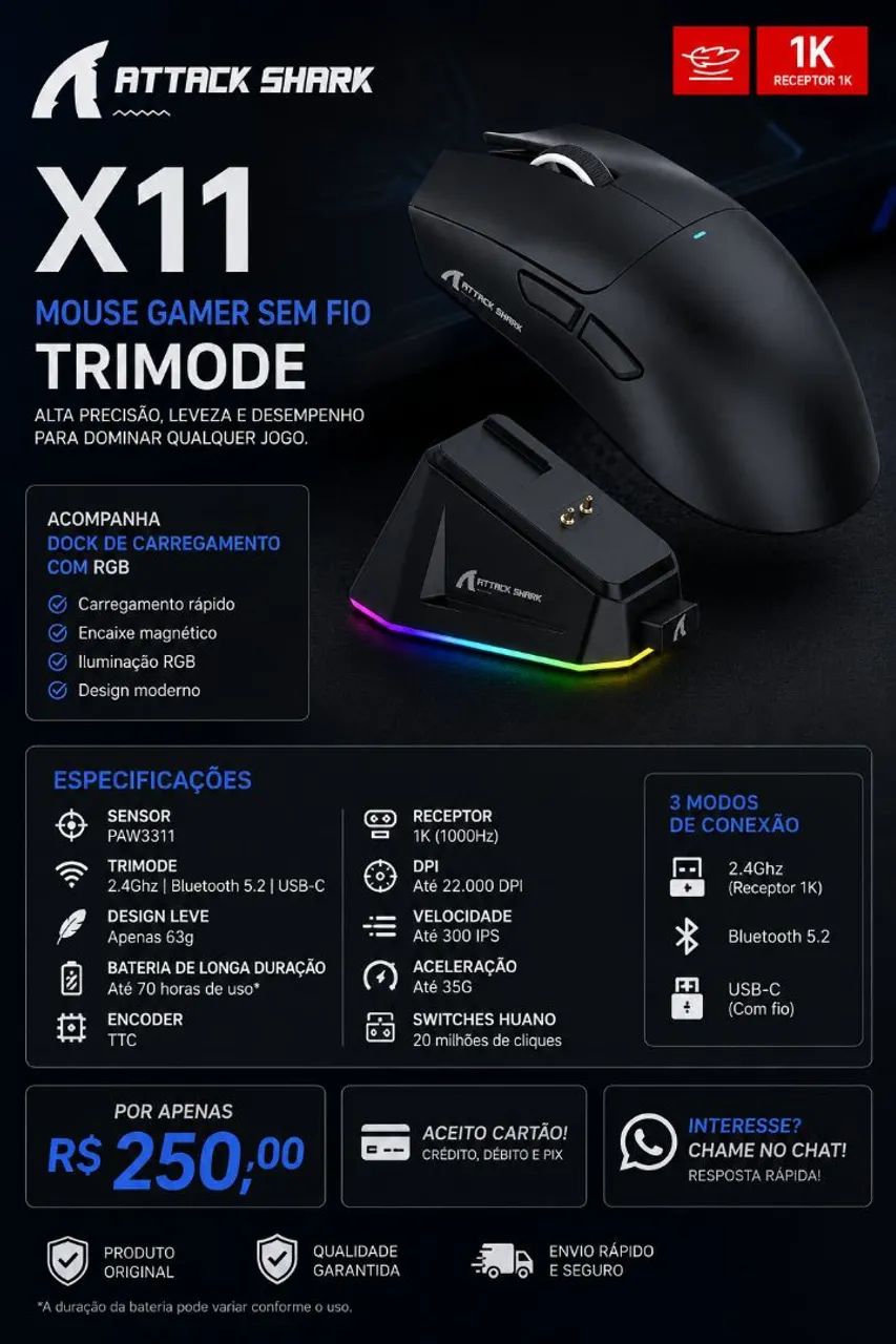 Attack shark x11 preto NOVO