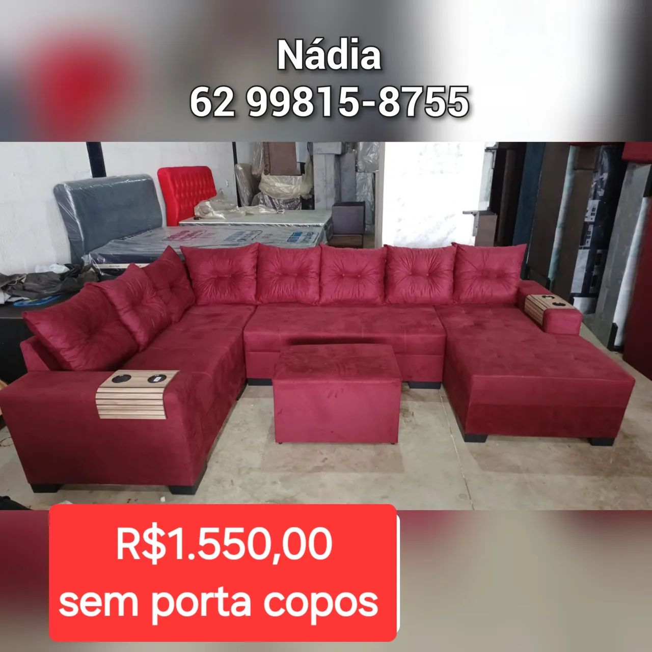 Sofá de Canto Vermelho com Puff - Venda Direta