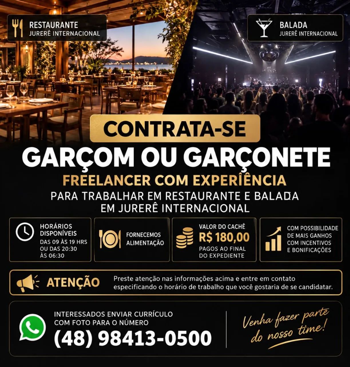 Contrata-se garçom ou garçonete freelancer com experiência 