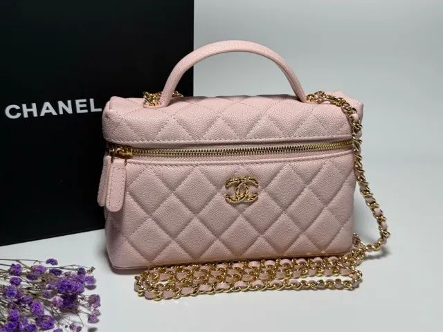 Bolsa Chanel L Box Rosa-Clara com Corrente