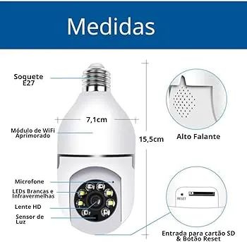 Camera Lâmpada Wifi Ip Segurança Panorâmica Giratória 360 1080P com Visão Noturna - Foto 5