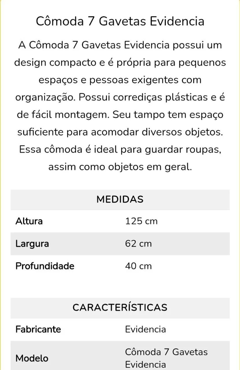 Cômoda 7 Gavetas MDP Evidência / 2 cores disponíveis  / pague na entrega  - Foto 6