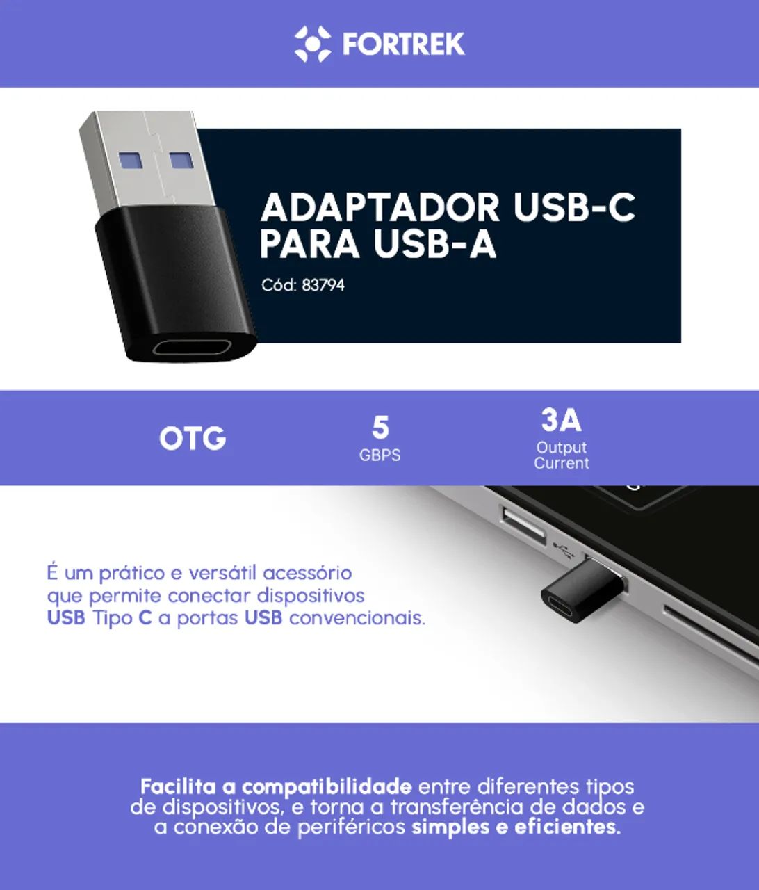  Adaptador USB-C para USB-A Fortrek UC2A - WZetta - Foto 5