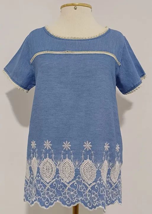 Blusa Jeans Azul Renda Bordado Branco - BARREDS