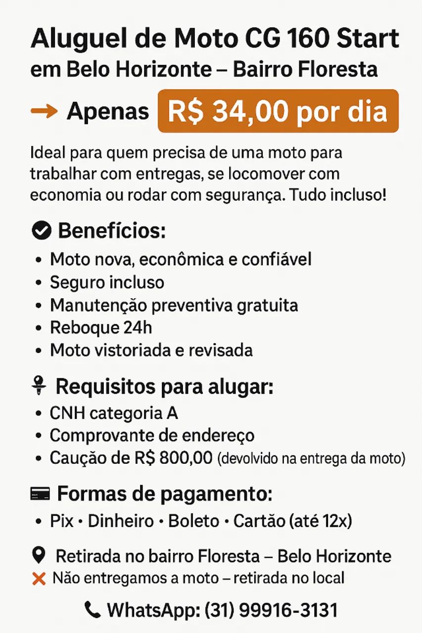 Aluguel Moto R$ 240,00 Semana START 160 - Econômica  - BH Floresta - Foto 3